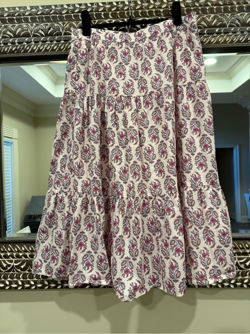 J. Crew Factory Tiered Midi Skirt with Magenta Floral Print